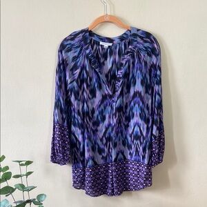 Purple Black Colorful Printed Beach Lunch Lounge Tunic Top Long Sleeve Blouse XL